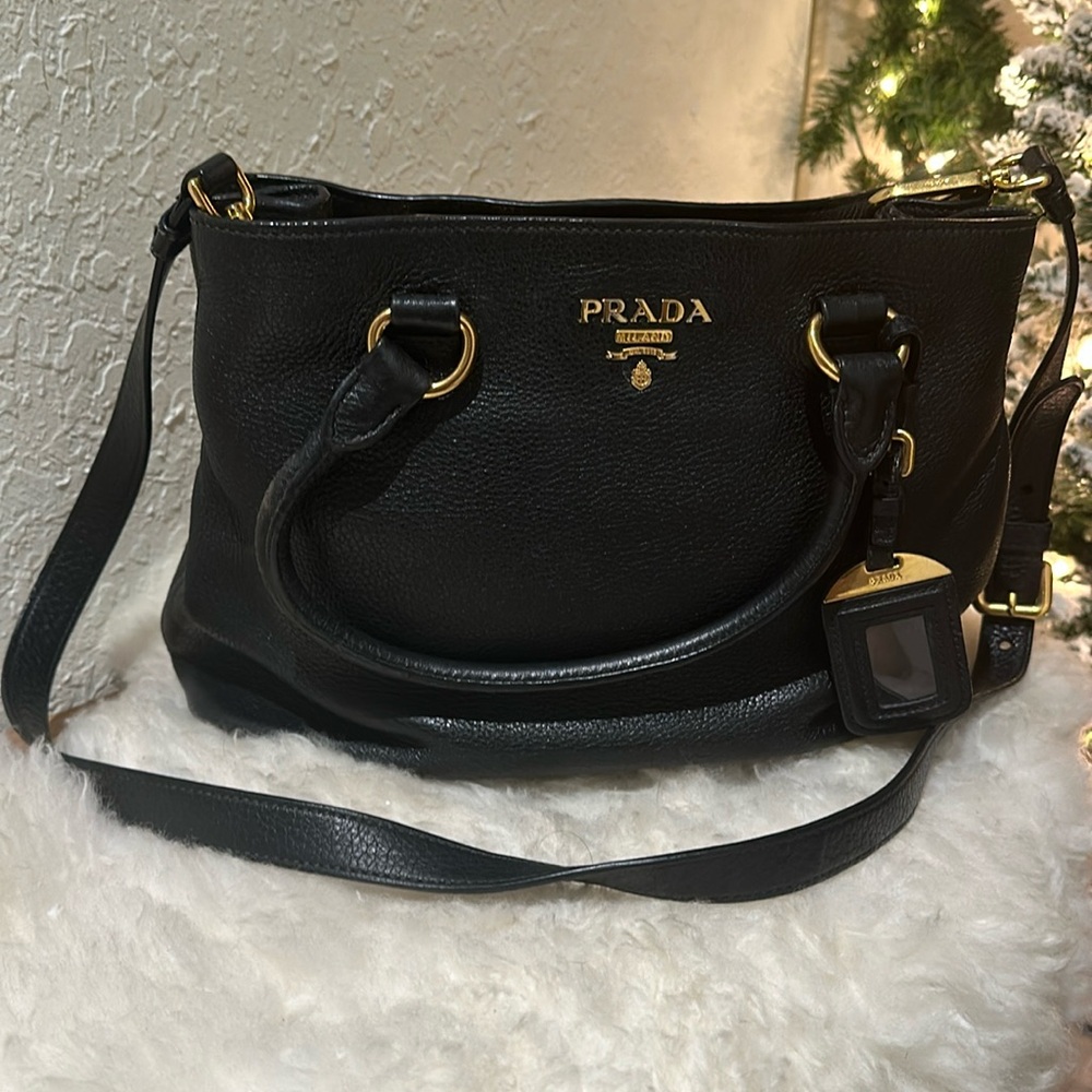 Authentic Prada Medium Leather Tote Bag Crossbody Black Vitello Phenix